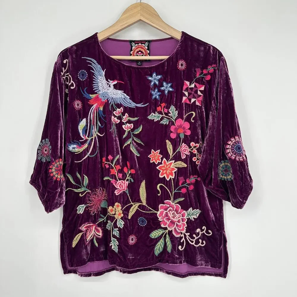Johnny Was Nikkola Velvet Blousee Embroidered Floral Bird Boho Flowy Top Purple